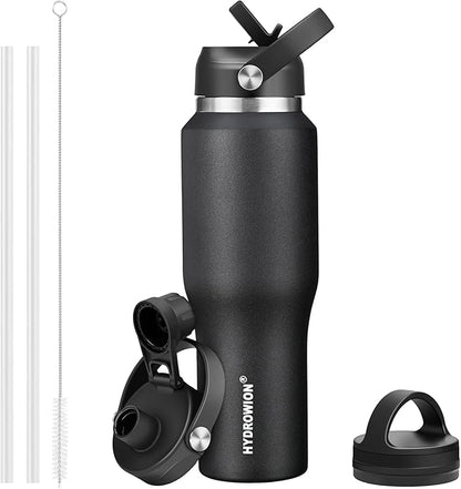 HYDROWION 32oz Stainless Steel Water Bottle(Cold for 48 Hrs, Hot for 24 Hrs),Double Wall Vacuum Insulated Water Bottle with Straw Lid, Spout Lid and Flex Cap, Fit in Any Car Cup Holder,Black