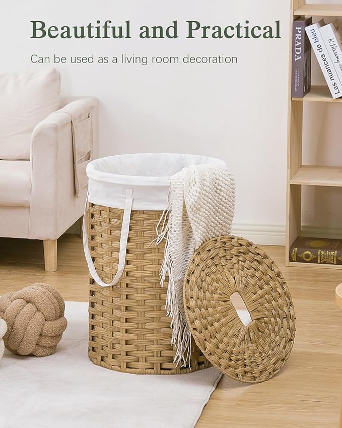 Laundry Hamper with Lid Laundry Basket with Lid 19.0 Gal (72 L) Round Wicker Laundry Basket Handwoven Rattan Hamper Removable Bag 2 Mesh Bags Handles for Living Room Bathroom Natural