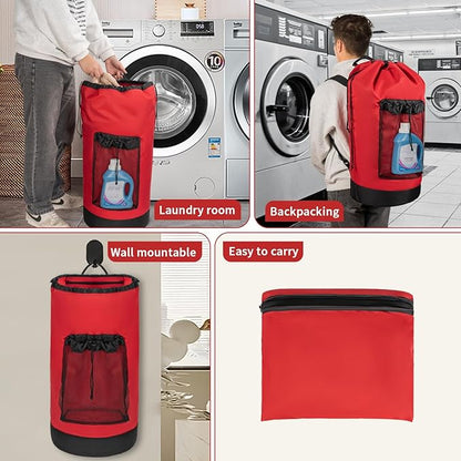 Laundry Bag Backpack with Shoulder Straps and Mesh Pocket Foldable Clothes Hamper Bag with Drawstring Closure for College, Apartment, Laundromat (Red)