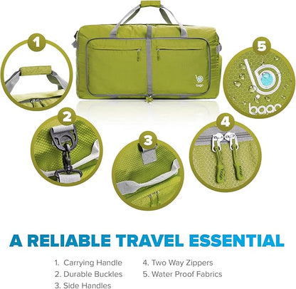 Bago Big XXL Foldable Duffel Bags for Traveling Women & Men - 140L Packable Duffle Bag for Travel with Shoe Compartment - Water Repellant, Heavy Duty, Lightweight Folding & Collapsible (Green)