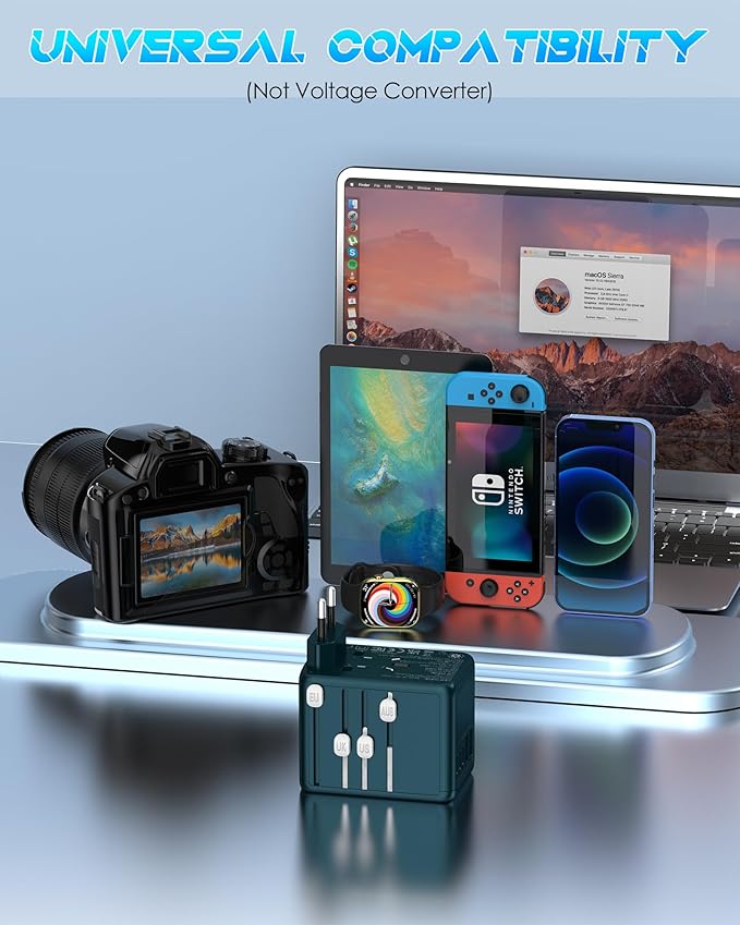 Universal Travel Adapter with 6.0A 3X 3.0A USB-C Ports, 2X 2.4A USB-A Ports and Multi AC Outlets, International Power Plug Adapter Worldwide Travel Charger for EU UK AUS USA (Type C/G/I/A Plug)