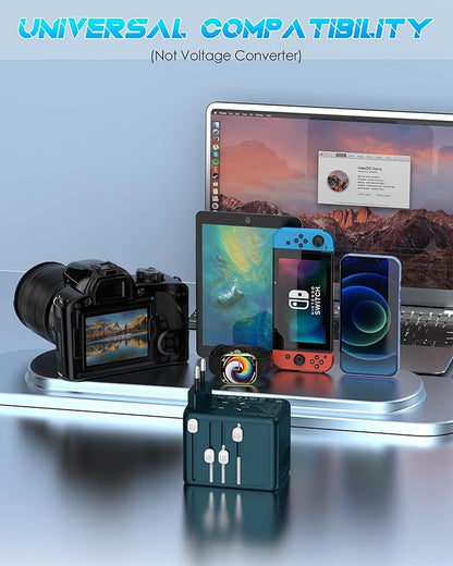 Universal Travel Adapter with 6.0A 3X 3.0A USB-C Ports, 2X 2.4A USB-A Ports and Multi AC Outlets, International Power Plug Adapter Worldwide Travel Charger for EU UK AUS USA (Type C/G/I/A Plug)