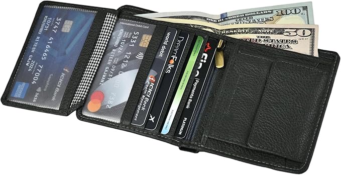 Hum & Hide Full-Grain Leather Wallet for Men – RFID Blocking Slim Bifold Wallet with ID Window, 8 Card Slots & Cash Compartment – Minimalist Black Leather Gift Wallet