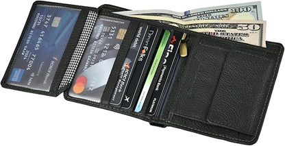Hum & Hide Full-Grain Leather Wallet for Men – RFID Blocking Slim Bifold Wallet with ID Window, 8 Card Slots & Cash Compartment – Minimalist Black Leather Gift Wallet