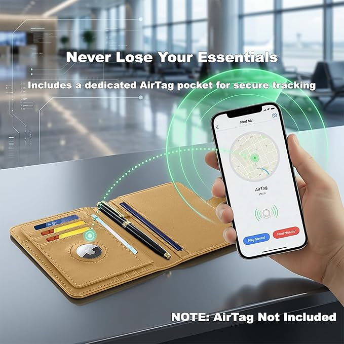 Passport Holder for Travel, RFID Blocking Leather Airtag Wallet for Women Men, Large Passport Cover Essentials Gift, Tickets, Cash, Photo, Sim Card Pen Slot - Apricot