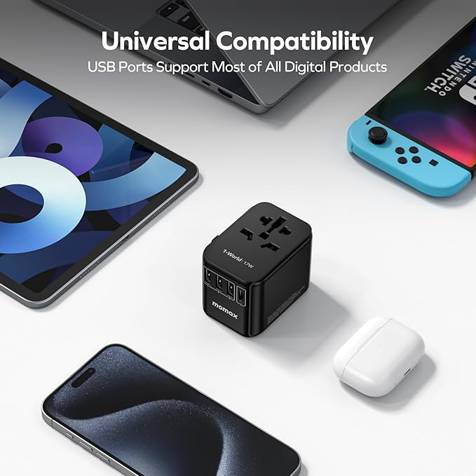 MOMAX 5-in-1 European Travel Plug Adapter, Worldwide All in One Travel Adapter, International Power Adapter Wall Charger with 3 USB A and 1USB C Charging Ports for Travel Essentials (Type C/G/A/I)