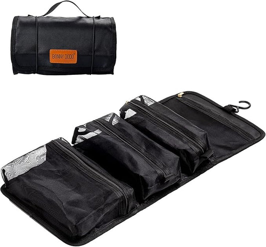 Toiletry Bag Can Hanging Small Roll-Up Makeup Organizer Bag with 3 Detachable Transparent Mesh Folding Cosmetic Travel Bags for Women & Men Black Toiletries Organizer Bag Gym Camping Grooming, Black