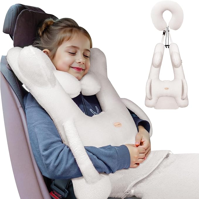 FLORICH Kids Travel Pillow, Car Sleeping Travel Pillow for Kids, Removable H-Shaped Pillow for Adults and Children to Support Head and Body Road Trips with Neck Pillow and Blanket (White)