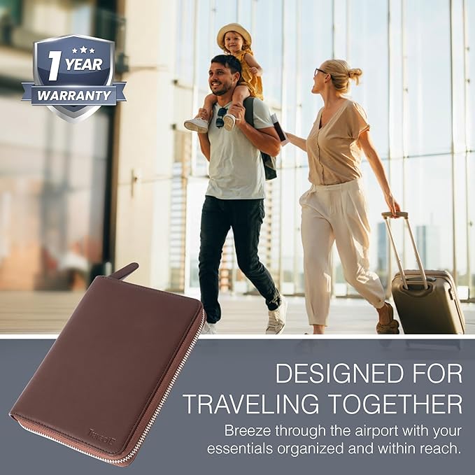 Full Grain Leather Family Passport Holder for 4 Passports - RFID Passport Holder and Travel Document Organizer - Large Leather Travel Wallet for Families - Brown