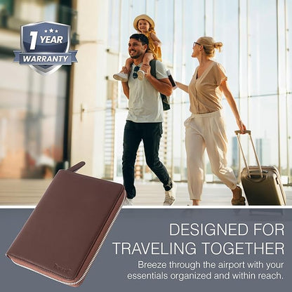 Full Grain Leather Family Passport Holder for 4 Passports - RFID Passport Holder and Travel Document Organizer - Large Leather Travel Wallet for Families - Brown