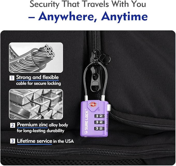 SURE LOCK TSA Approved Combination Luggage Locks with Open Alert Indicator – Durable Zinc Alloy Cable Travel Locks with Large Easy-Read Dials for Suitcases, Backpacks & Gym Bags(2, Purple 2 Pack)