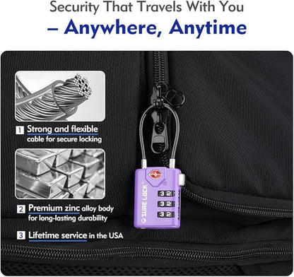 SURE LOCK TSA Approved Combination Luggage Locks with Open Alert Indicator – Durable Zinc Alloy Cable Travel Locks with Large Easy-Read Dials for Suitcases, Backpacks & Gym Bags(2, Purple 2 Pack)