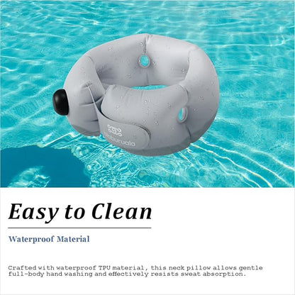 Inflatable Neck Pillow, Portable Travel Neck Pillow for Long Flight, Storable Gray Neck Pillows with Washable Cover, Adjustable Air-Fill Support