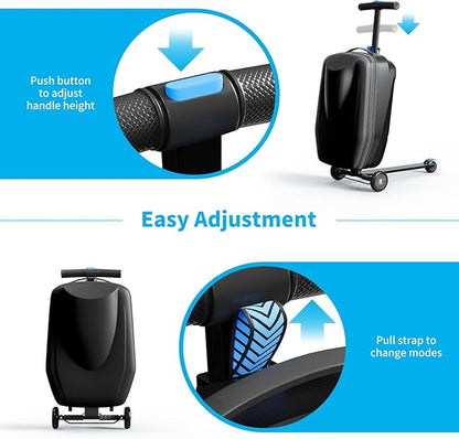 Scooter Hardshell Kids' Luggage, Foldable Carry on Kids Suitcase with Telescopic Handle for Travel, Multifunctional Ride On Lightweight Luggage with Wheels, Light Black