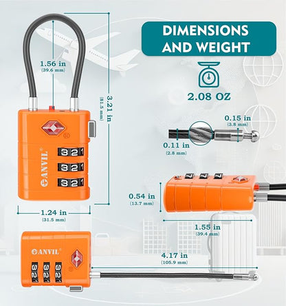 ANVIL TSA Approved Luggage Locks – High Security TSA008 Combination Travel Locks with Inspection Indicator for Suitcases and Backpacks. (2, Orange)