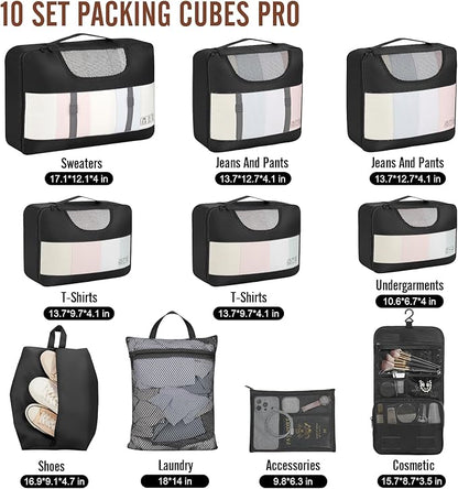 Veken 10 Set Packing Cubes for Travel Essential, Suitcase Organizer Bags in 4 Sizes, Carry-On Luggage Accessories with Large Laundry & Hanging Toiletry Bag, Must-Have for Airplane, Road Trip & Camping