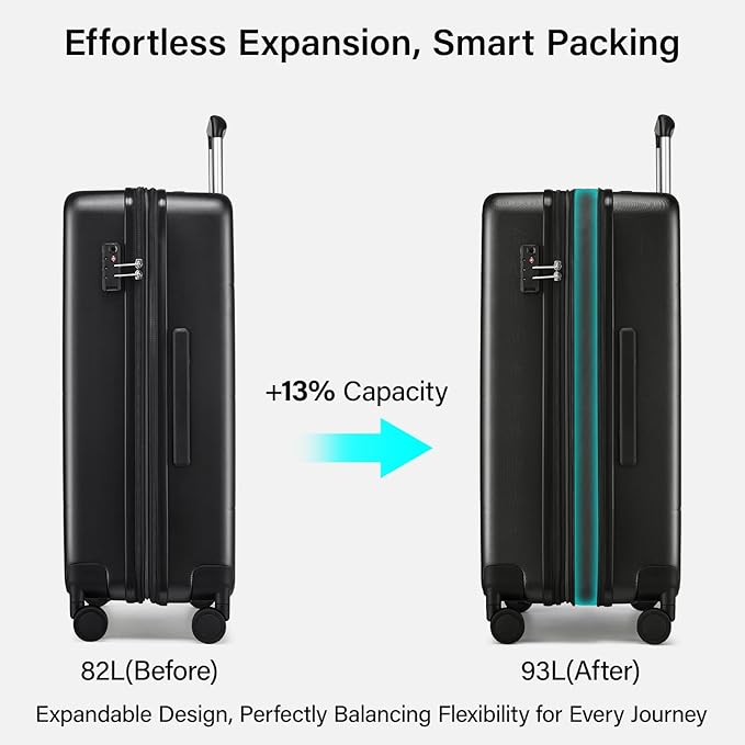 Hanke Expandable 26 Inch Luggage with Spinner Wheels, Hardside Large Suitcase, All-PC Hard Shell Travel Luggage, TSA Lock, Lightweight Durable Checked-Medium (Jet Black, 93L)