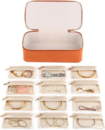 HofferRuffer Jewelry Box Organizer for Women Girls, Travel Jewelry Case with 12 Portable Zipper Bags, Jewelry Storage Ideal for Travel & Home Organization (12pcs-Brown Velvet)