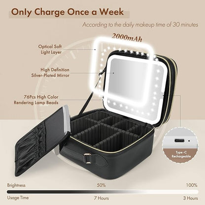 Travel Makeup Bag with LED Mirror Double Layer, Detachable Vanity Mirror with Lights, Tri-light Dimmable, Makeup Case with Adjustable Dividers and Brush Holder Cosmetic Organizer Storage Box