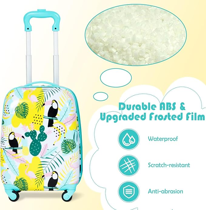 KOTEK Kids Carry On Luggage Set, 16" Hardside Rolling Suitcase with Spinner Wheels, Travel Rolling Luggage for Boys Girls (Flamingo)