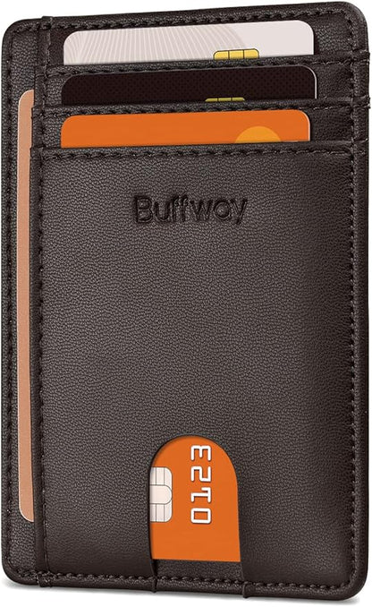 Buffway Slim Minimalist Front Pocket RFID Blocking Leather Wallets for Men and Women - Sand Chocolate
