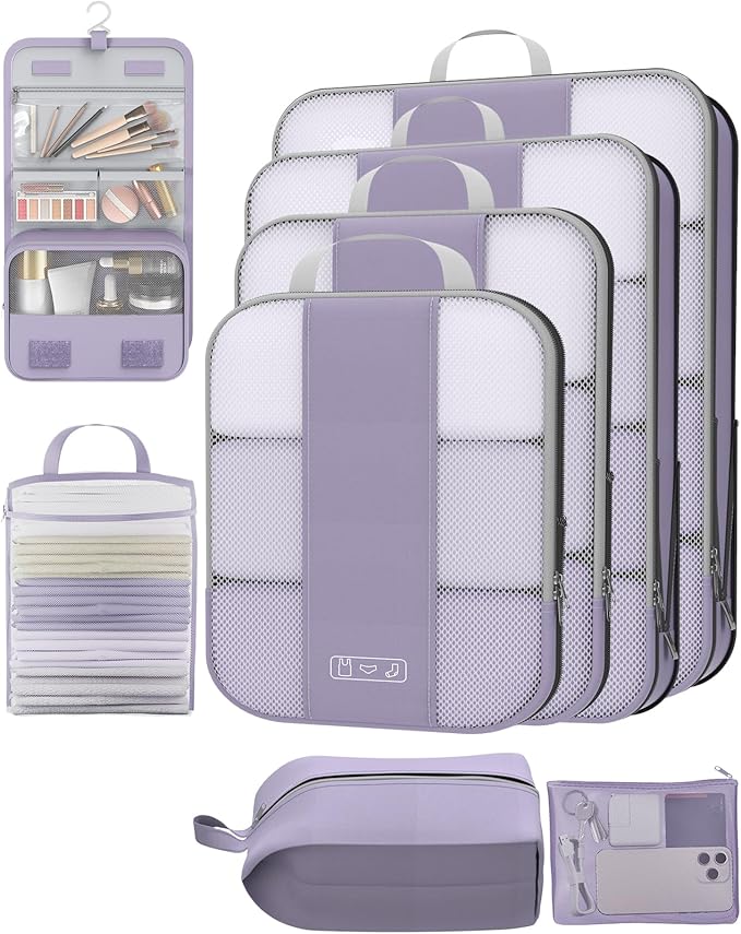 8 Set Compression Packing Cubes for Travel Essentials,Compressible Expandable Packing Cubes for Suitcase,OlarHike Luggage Organizer Bags for Travel,Handy Helper for Organizing Clothes(Purple Gray)