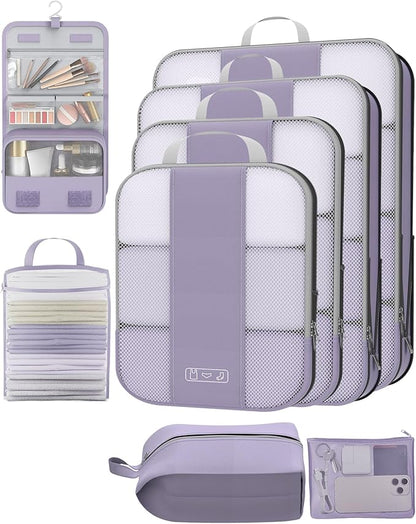 8 Set Compression Packing Cubes for Travel Essentials,Compressible Expandable Packing Cubes for Suitcase,OlarHike Luggage Organizer Bags for Travel,Handy Helper for Organizing Clothes(Purple Gray)