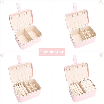2 Layer Portable Jewelry Box, Large Jewelry Travel Case with 4 Jewelry Pouches, Medium Size Jewelry Organizer Box for Earrings, Necklaces, Bracelets (light pink)