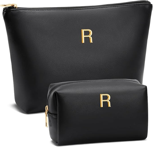 Women Gifts | Initial Makeup Bag Set for Girl Personalized Gifts for Bridesmaid Friend Graduation Teachers PU Leather Cosmetic Travel Toiletry Bag(Black,R)