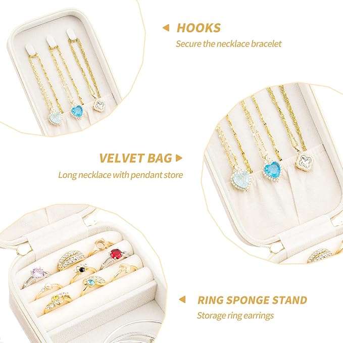 Small Travel Jewelry Organizers Box for women with PU Leather Portable Mini Jewelry Case with compartments for Necklace Rings Earrings,Luxury Giftable boxes. (Pearl White, M)
