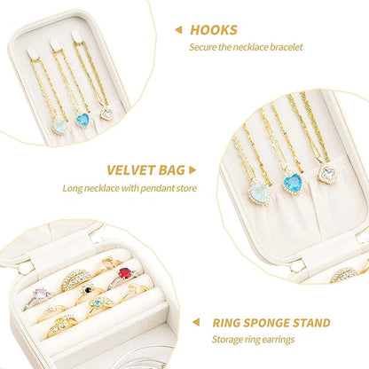 Small Travel Jewelry Organizers Box for women with PU Leather Portable Mini Jewelry Case with compartments for Necklace Rings Earrings,Luxury Giftable boxes. (Pearl White, M)