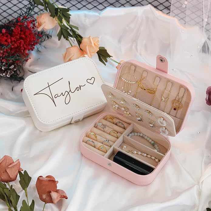 Personalized Jewelry Box for Women, Custom Travel Jewelry Case with Name and Birth Flower, Leather Jewelry Box for Rings, Earrings, Necklaces, Personalized Gifts for Women
