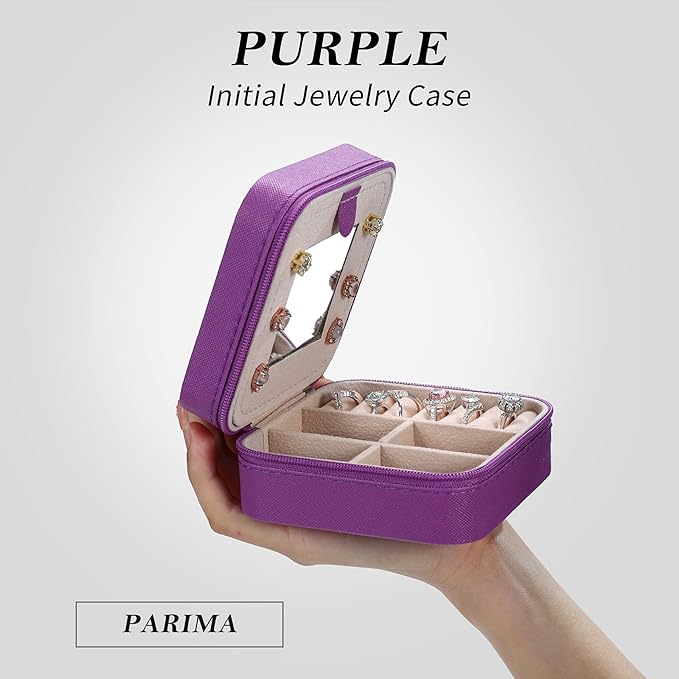 Parima Women's Fashion Jewelry Case Organizer | Small Purple Jewelry Box - Letter A