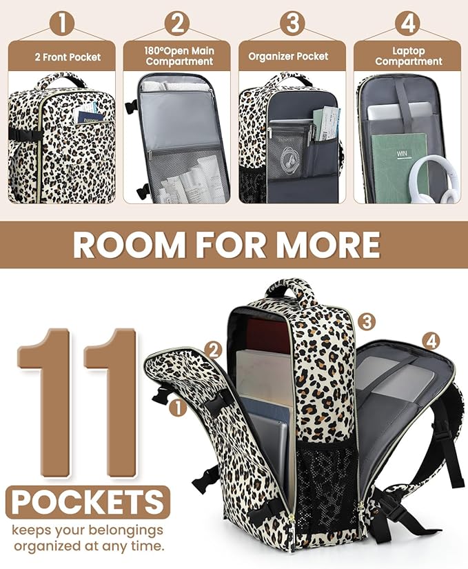 Travel Backpack for Women Man, Waterproof Personal Item Travel Bag Airline Approved Laptop Backpack Bookbag Weekender bags for Business,Travel, Work Fits 15.6 inch Laptop(Medium,Leopard)