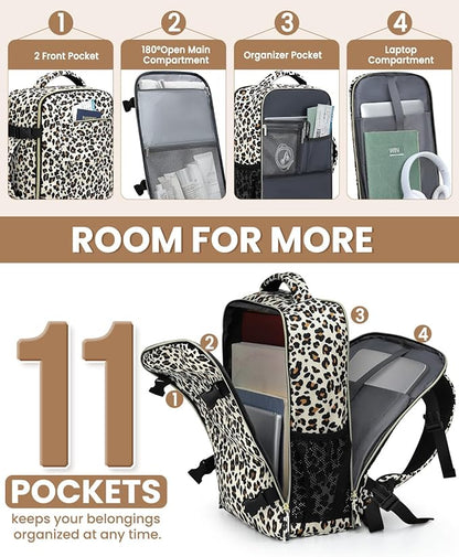 Travel Backpack for Women Man, Waterproof Personal Item Travel Bag Airline Approved Laptop Backpack Bookbag Weekender bags for Business,Travel, Work Fits 15.6 inch Laptop(Medium,Leopard)
