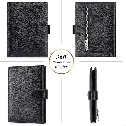 Passport Holder for Travel Women RFID Blocking Genuine Leather Passport Wallet with Card Slots, Zipper Coins Pocket, Cash Holder, Black