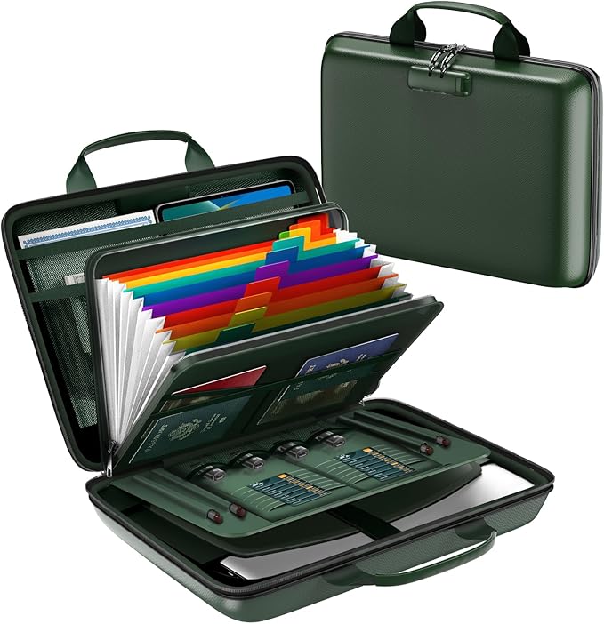 Fireproof Document Box, Hard Case Fireproof File Organizer Box with Lock and 13 Pocket Accordion File Folder, Portable Safe Box for Home Office Travel to Storage Important Documents Laptop Green