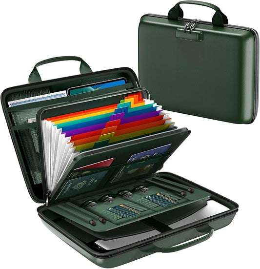 Fireproof Document Box, Hard Case Fireproof File Organizer Box with Lock and 13 Pocket Accordion File Folder, Portable Safe Box for Home Office Travel to Storage Important Documents Laptop Green