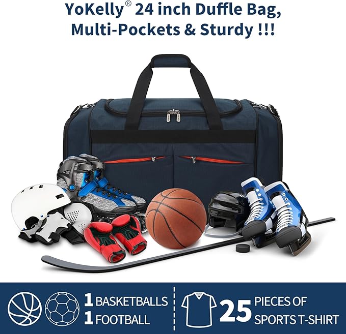 24 inch Large Gym Bag for Men - 65L Hard Bottom Duffle Bag with Shoes Compartment for Sport/Travel - Navy Blue