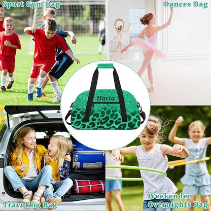 Personalized Kids Sports Duffel Bag with Name Custom Weekender Overnight Bag for Boys Girls Gym Bag Travel Dance Gymnastics Duffel Bag, Green Glitter Leopard Print
