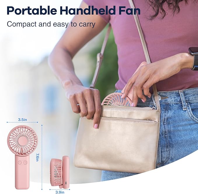 HandFan Upgraded Handheld Fan, 5 Speeds Strong Airflow Hand Fan [Max 27 Working Hours], 180° Foldable Compact Design Personal Fan Handheld with Portable Power for Travel/Disney/Concerts/Women (Pink)