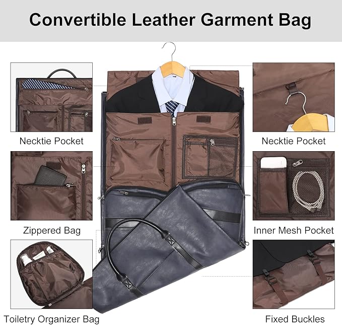 Modoker Convertible Leather Garment Bag, Carry on Garment Bags for Travel, Garment Duffel Bag, Gifts for Men Women Business Waterproof Suitcase Suit Travel Bags, Blue