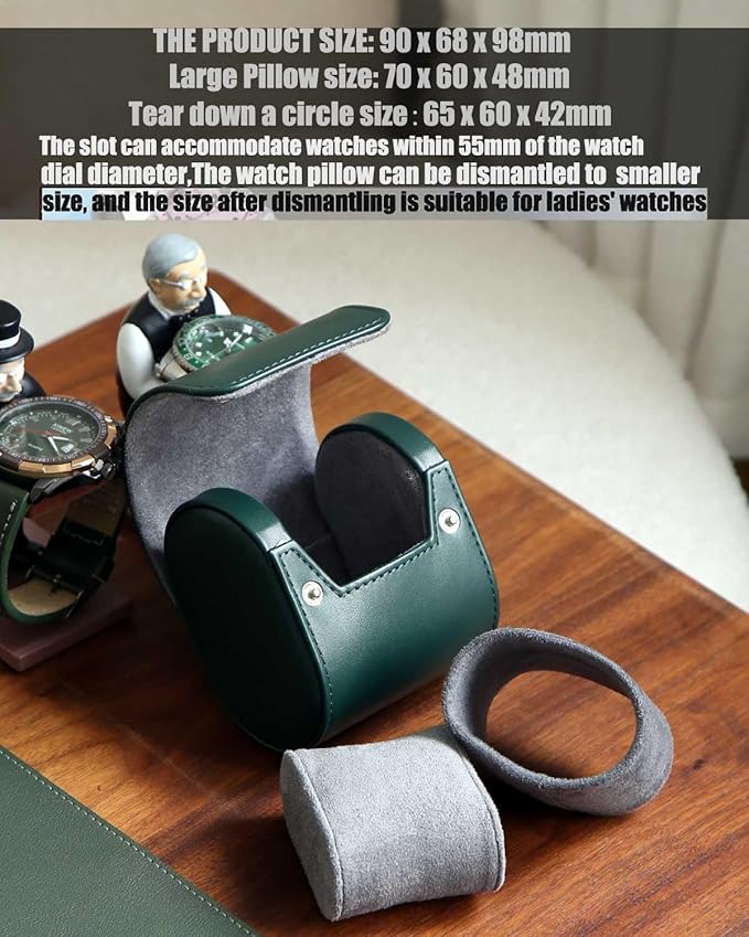 Travel Case, Premium Leather Single Watch Case, Variable Size Pillow Design, Portable Storage Box for Men and Women, Green Roll Organizer With Faux Suede Fabric Lining