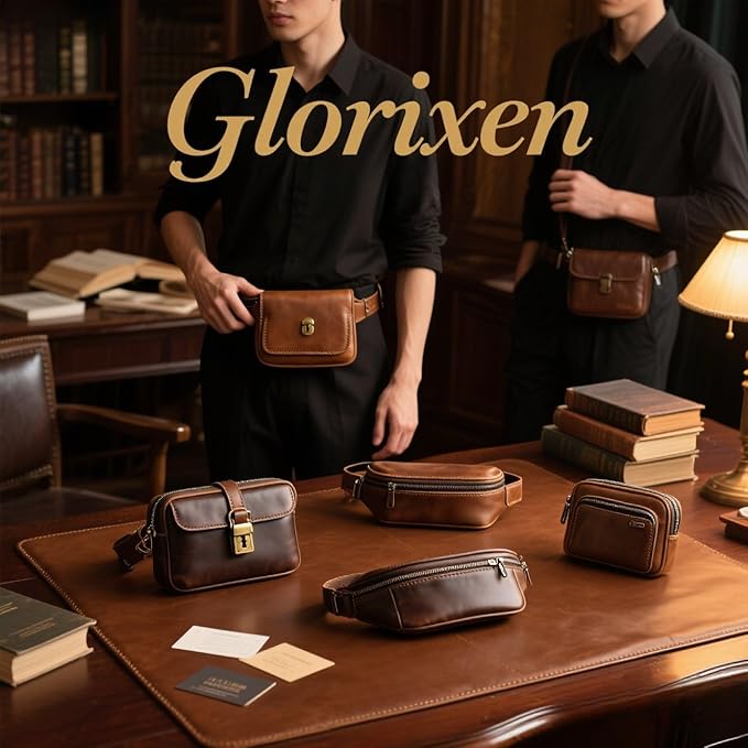 Retro Drawstring Genuine Leather Waist Bag for Men Motorcycle Sports Pack with Phone Pocket Adjustable Belt Gifts for Men (Oil Brown)