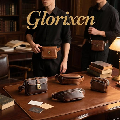 Retro Drawstring Genuine Leather Waist Bag for Men Motorcycle Sports Pack with Phone Pocket Adjustable Belt Gifts for Men (Oil Brown)