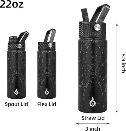 BJPKPK Insulated Water Bottles with Straw Lid, 22oz Cold & Hot Thermo, Stainless Steel Metal Water Bottle with 3 Lids, Reusable Thermo, Cups, Mugs for Daily Use-Midnight