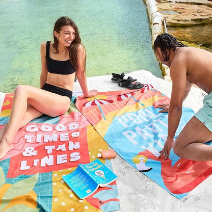 Dock & Bay Beach Towel - Quick Dry, Sand Free - Compact, Lightweight - 100% Recycled - Includes Bag - Good Times & Tan Lines - Large (160x90cm, 63x35)