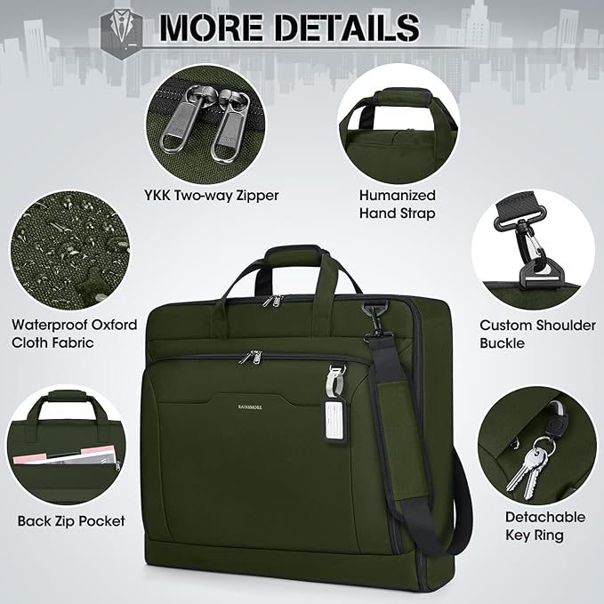 RAINSMORE Garment Bags for Travel Carry On Garment Bag for Hanging Clothes, Suit Bag for Business Trips with Shoes bag & Shoulder Strap, Waterproof Foldable Suit Luggage Bag for Men Women, Green