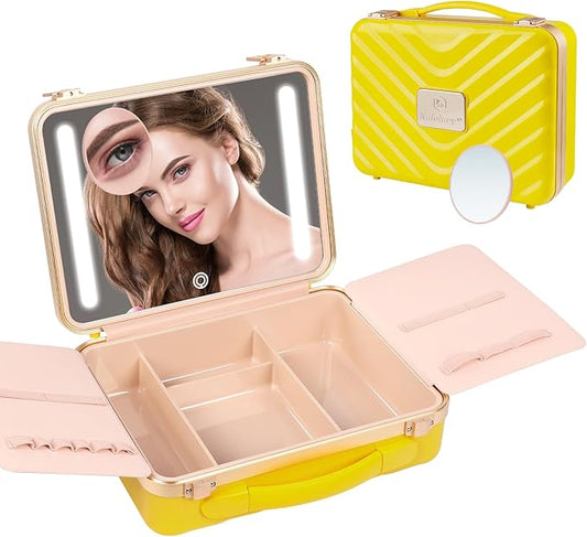 Kalolary Travel Makeup Train Cases with Lighted Mirror 3 Color Setting, Makeup Bag Cosmetic Case Organizer Adjustable Brightness Portable Makeup Storage Box with Detachable 5X Magnifying Mirror Yellow