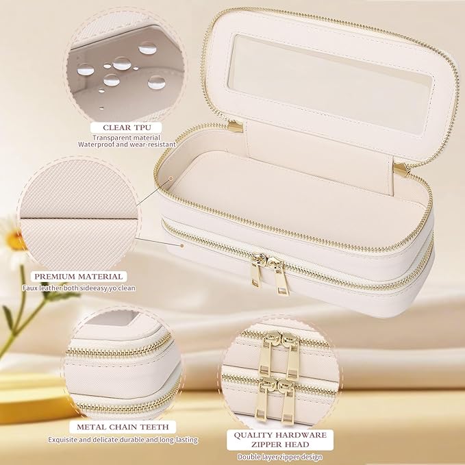 Pinkmik Double Layer Makeup Bag Makeup Brush Case Waterproof Travel Cosmetic & Toiletry Bag Purse Organizer and Car Essentials for Women (Beige, Double SLIM)